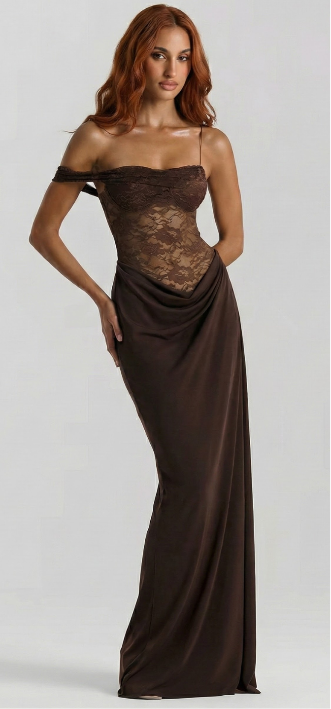 Satin-Maxikleid mit Spitzenkorsett