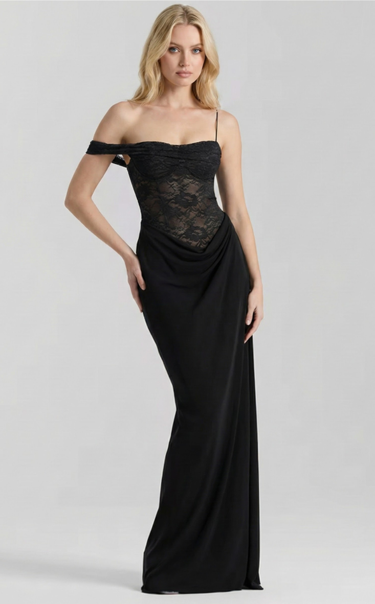 Satin-Maxikleid mit Spitzenkorsett